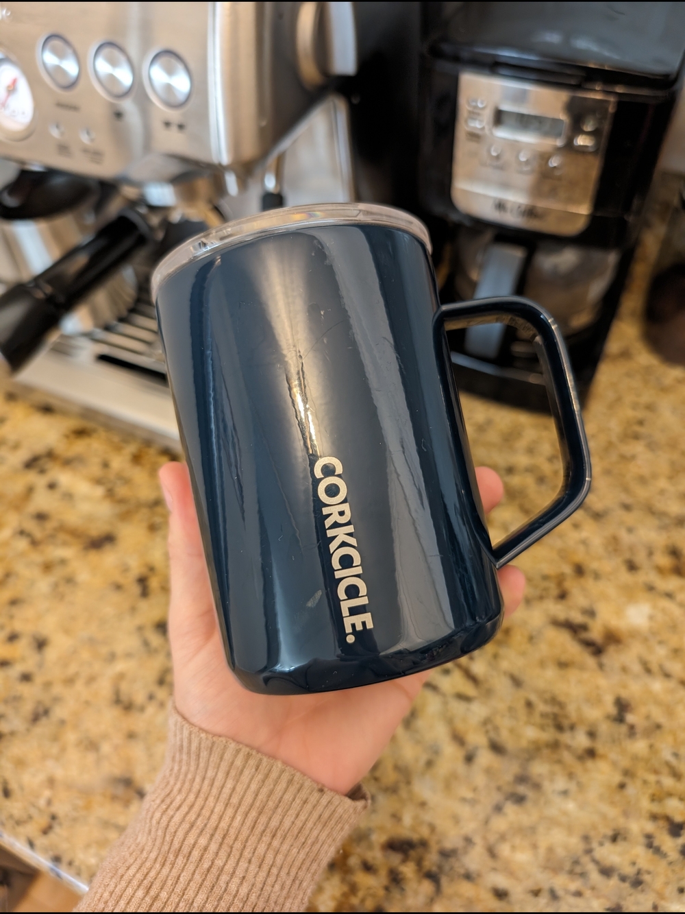 Corkcicle Insulated Travel Mug with Handle and Clear Lid, 16oz, Navy